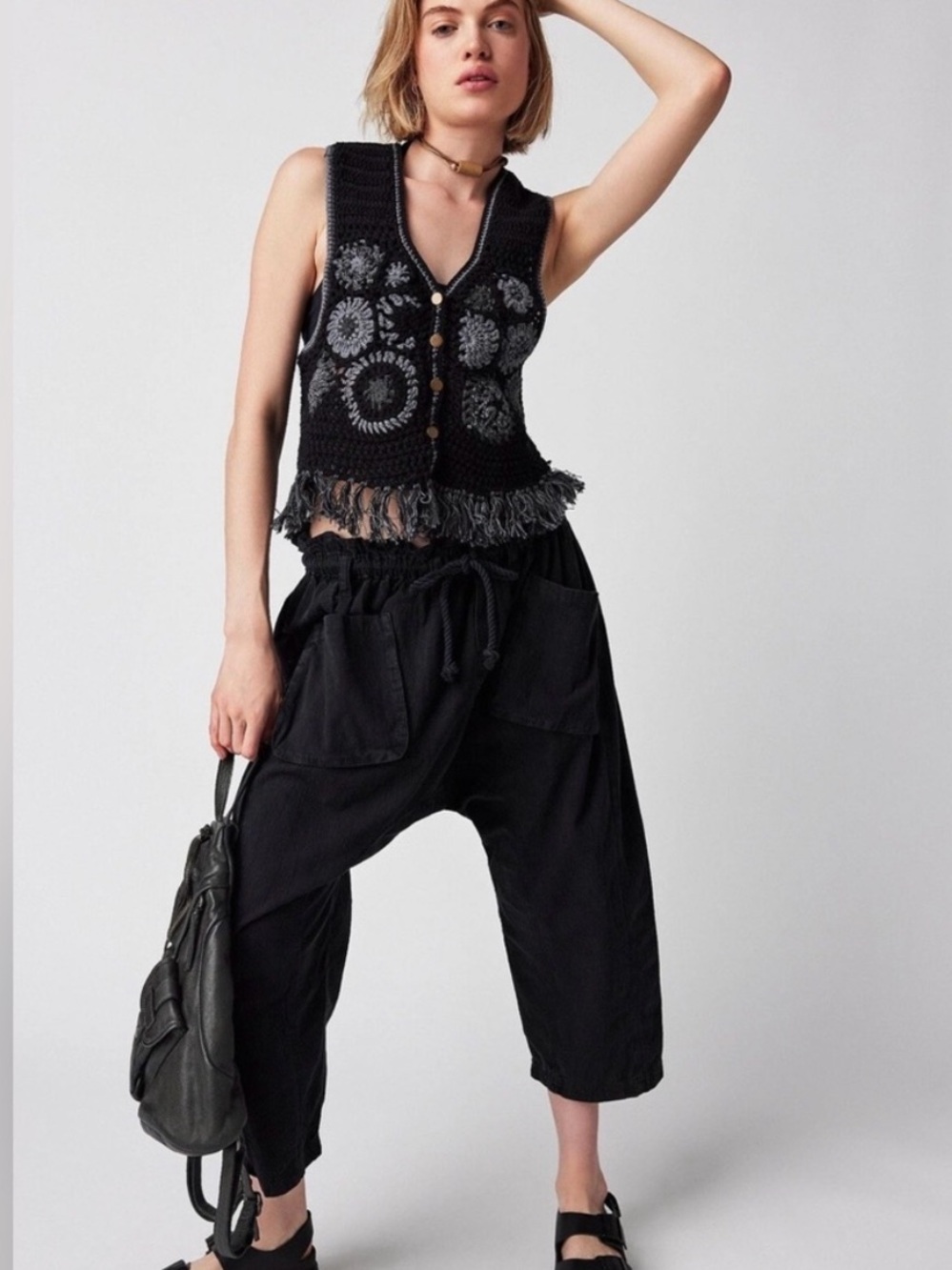 FREE PEOPLE Desert Rose Crochet Floral Fringe Vest in Black & Gray